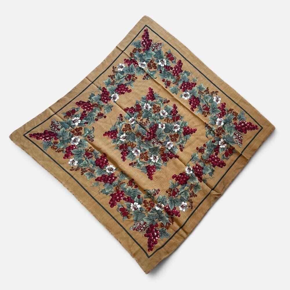 Vintage LL Bean Grape Floral Tan Brown Flowers Scarf Square Wool Blend Fringe